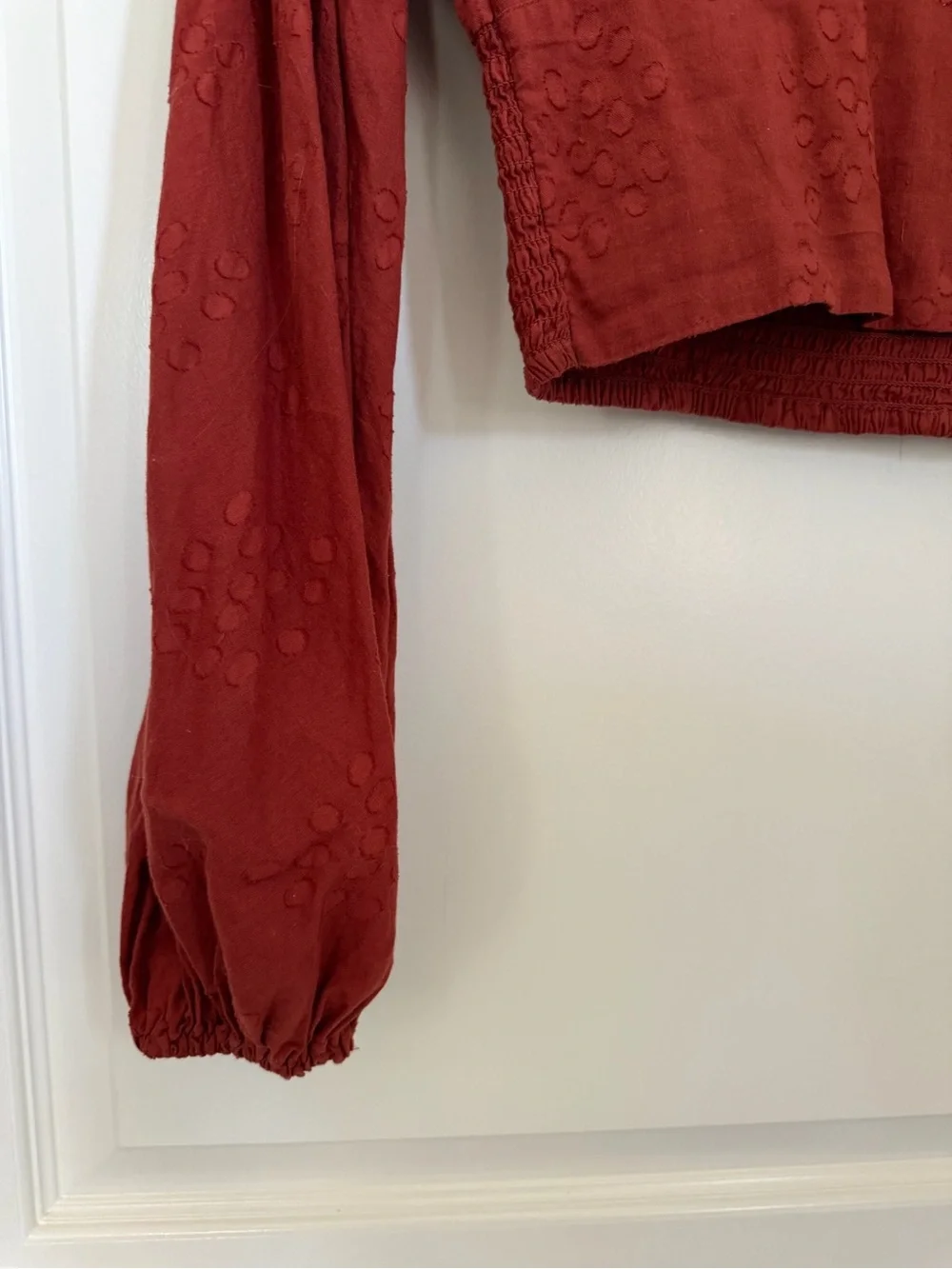 Free People Rust Red Cropped V-Neck Textured Long-Sleeve Top